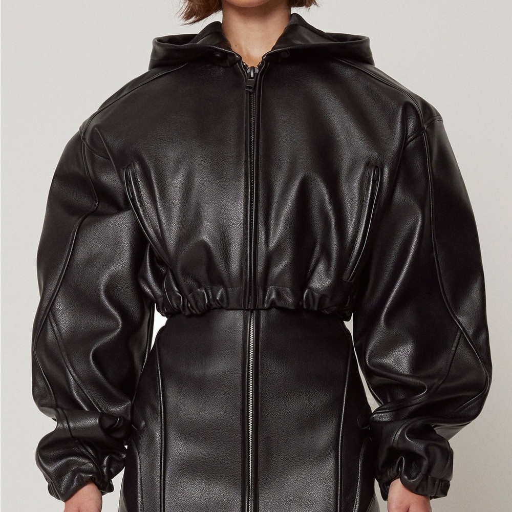 KHY Faux Leather Cropped Hooded Jacket